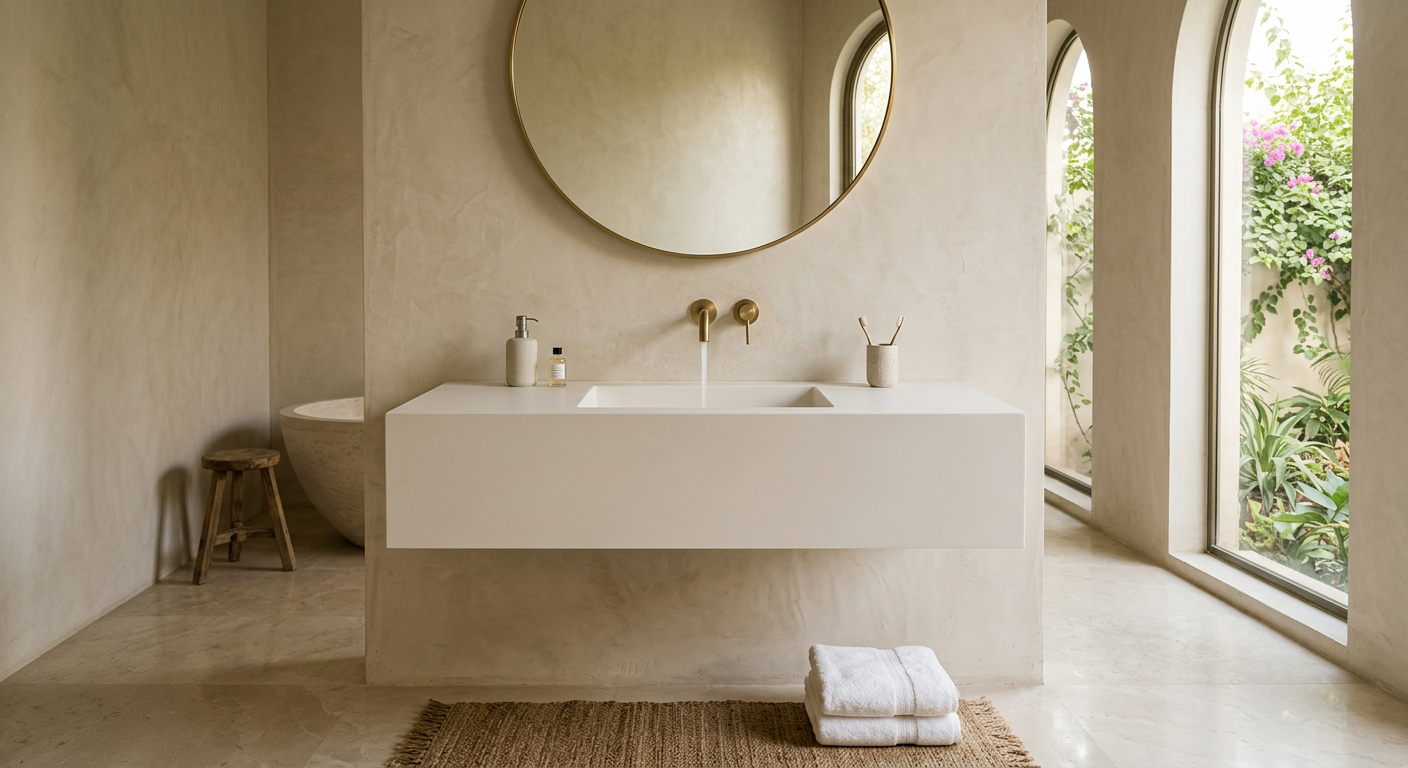 Essential Corian vanity, seamless integrated basin, Lahore home